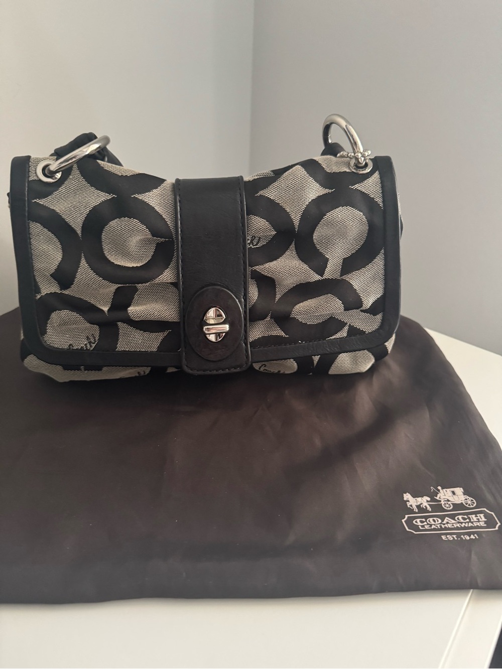 Vintage Y2K Coach Op Art Jacquard Baguette Shoulder Bag Black Gray + Dust Bag